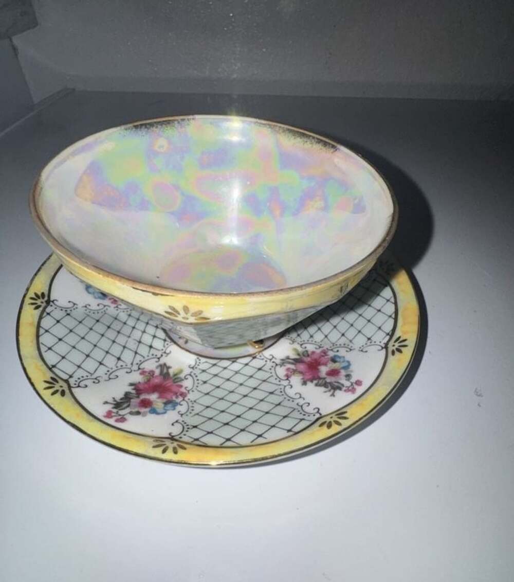 Vintage Iridescent Lusterware Pedestal Teacup and Saucer with Floral Lattice Pat